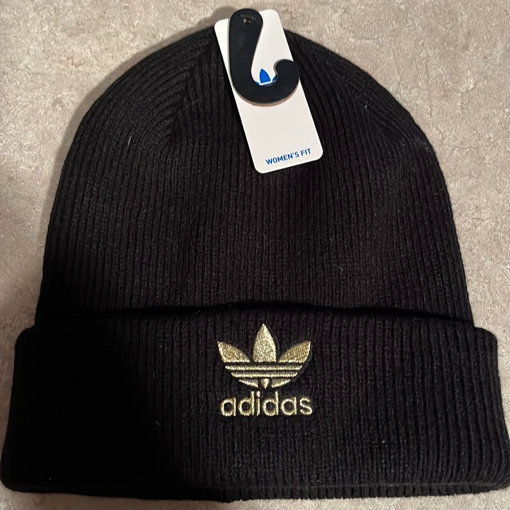Addidas knit beanie cap, black with gold embroidered logo